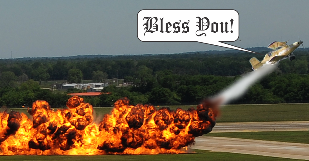 A satirical image of a cropduster shouting "Bless You!" as it incinerates the land.